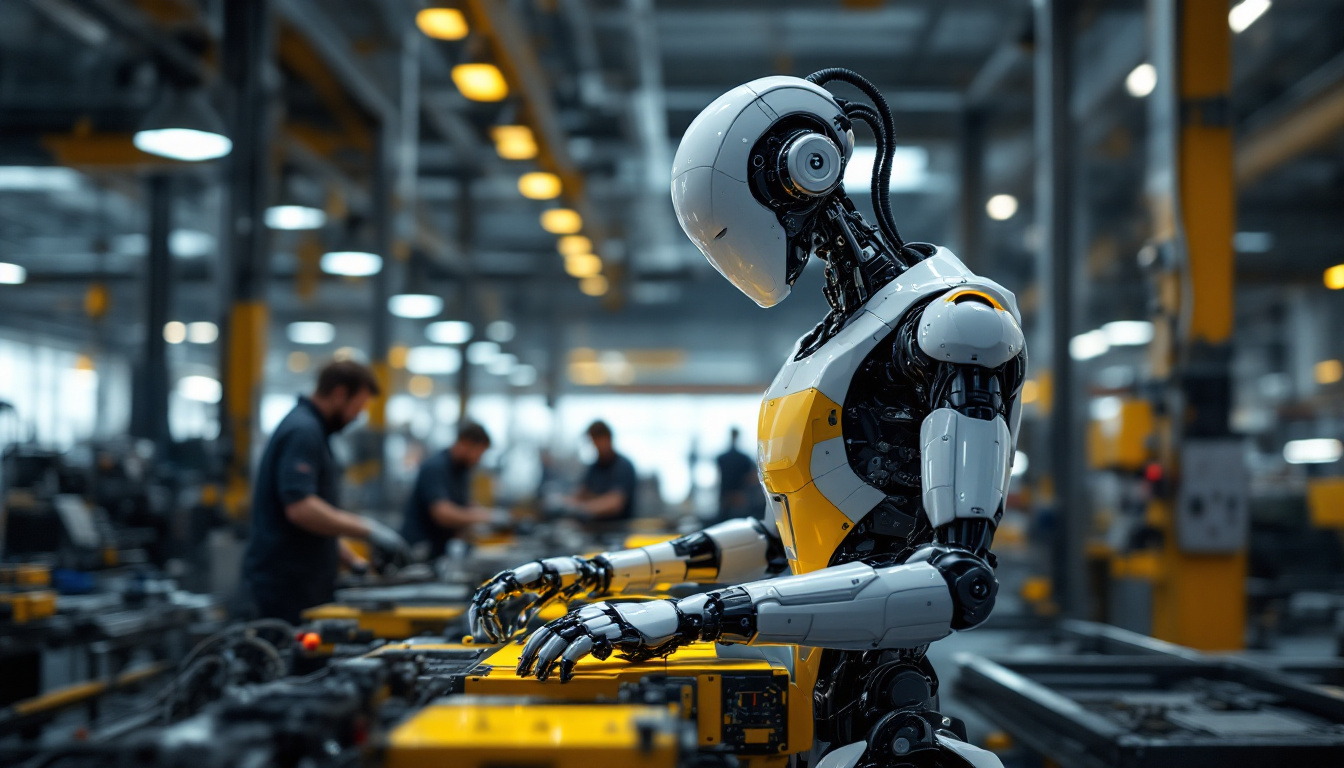A photograph of a sleek industrial robot in action within a modern manufacturing facility