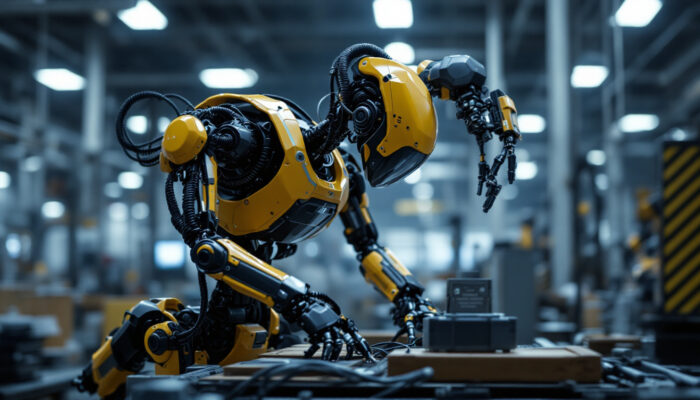 A photograph of a boston dynamics robot in action within an industrial setting