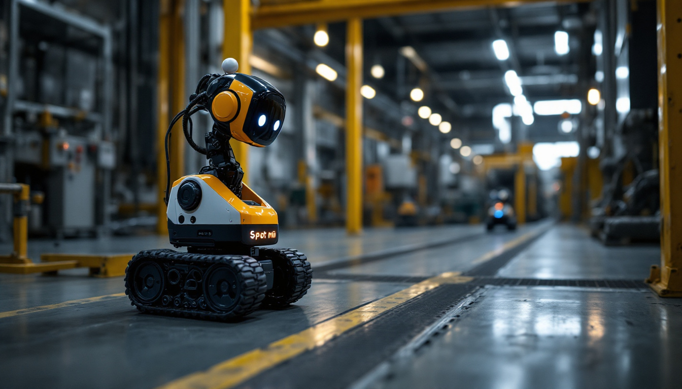 A photograph of a spot mini robot navigating through an industrial environment