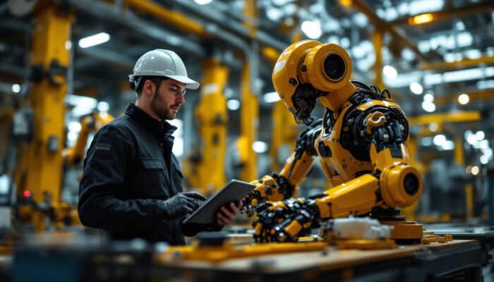 A photograph of a skilled technician programming or interacting with a modern industrial robot in a dynamic factory setting
