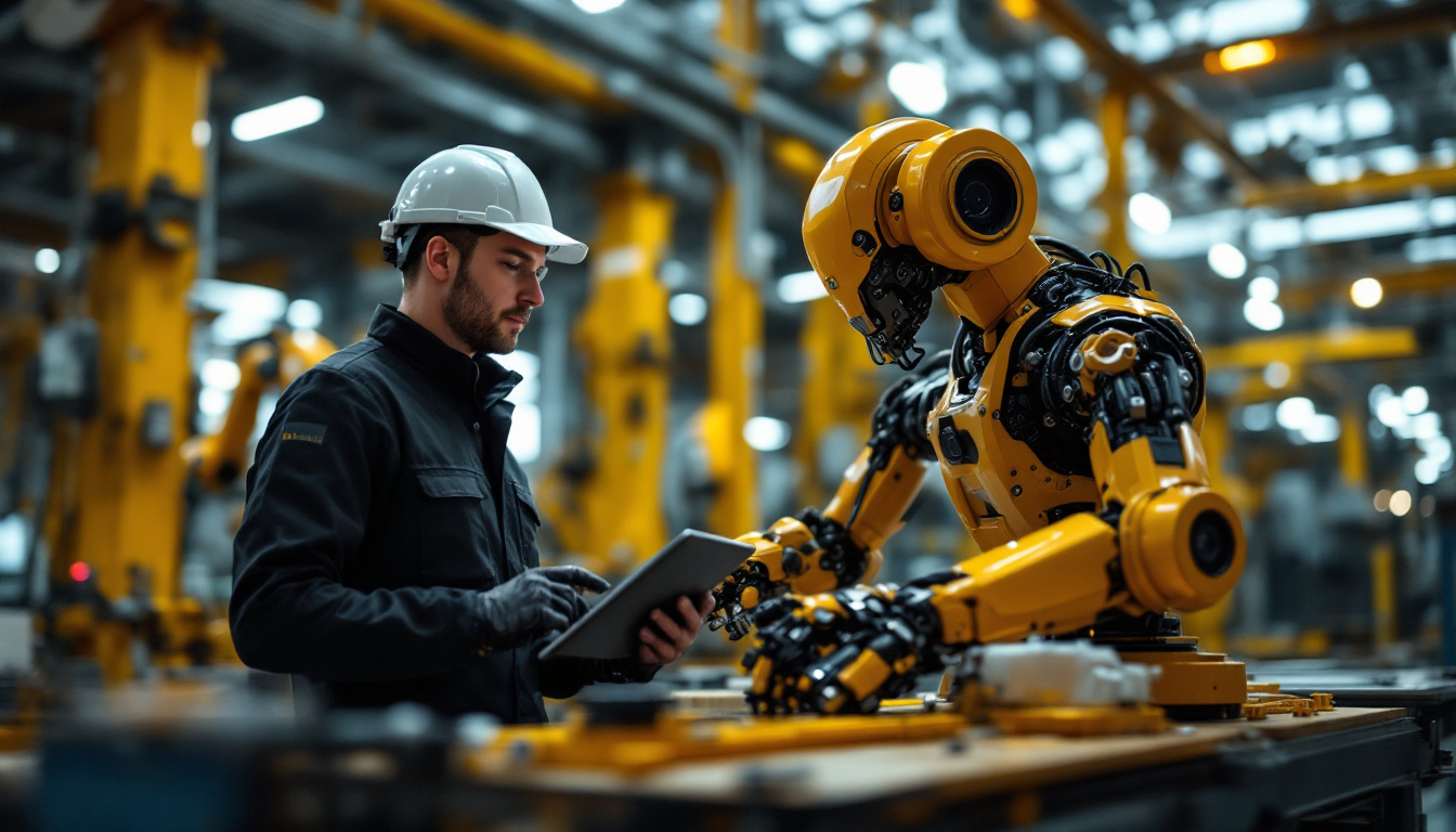 A photograph of a skilled technician programming or interacting with a modern industrial robot in a dynamic factory setting