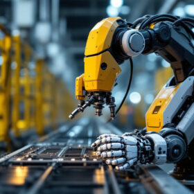 A photograph of a modern industrial robot in action