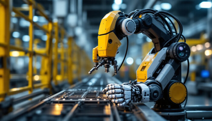 A photograph of a modern industrial robot in action