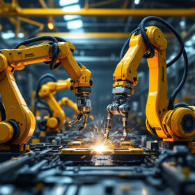 A photograph of a 6-axis industrial robot in action within a manufacturing setting