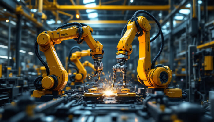 A photograph of a 6-axis industrial robot in action within a manufacturing setting
