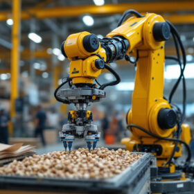 A photograph of a robotic arm equipped with suction cups in action