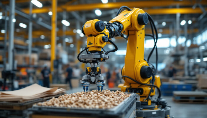 A photograph of a robotic arm equipped with suction cups in action