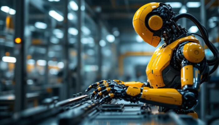 A photograph of a sleek industrial robot efficiently tending to a machine on a factory floor