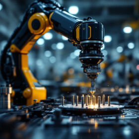 A photograph of a sleek industrial robotic arm in action