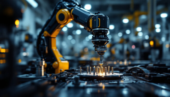 A photograph of a sleek industrial robotic arm in action