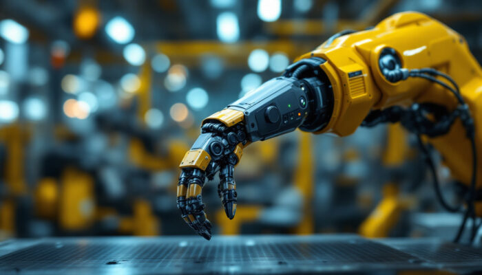 A photograph of a close-up view of a robotic arm equipped with various sensors in an industrial setting