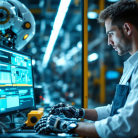 A photograph of a skilled technician programming or operating an industrial robot in a modern manufacturing environment