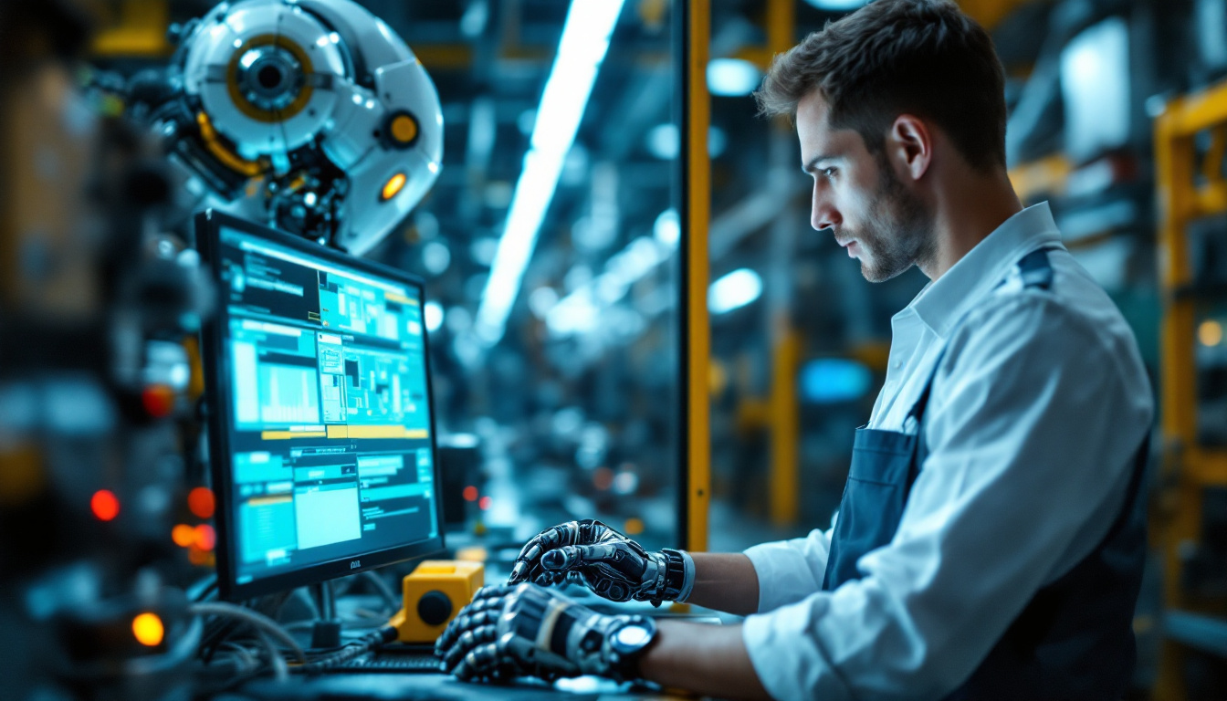 A photograph of a skilled technician programming or operating an industrial robot in a modern manufacturing environment