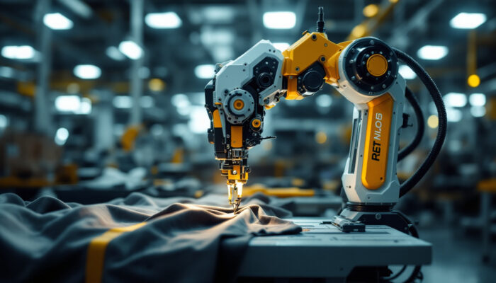 A photograph of a high-tech stitching robot in action within an industrial setting
