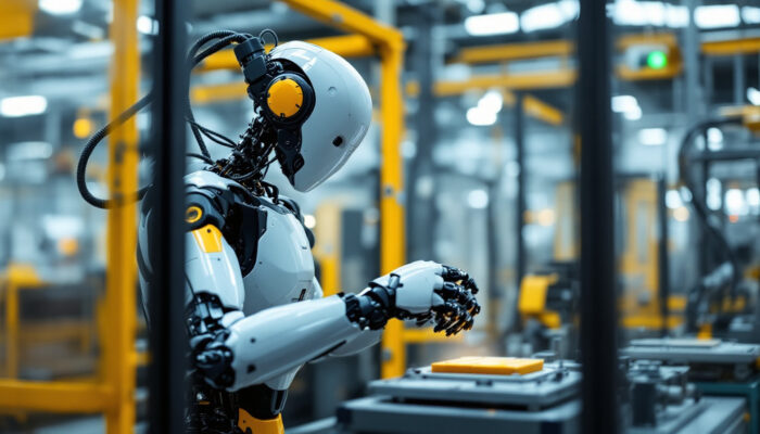 A photograph of a modern industrial robot in action within a manufacturing environment