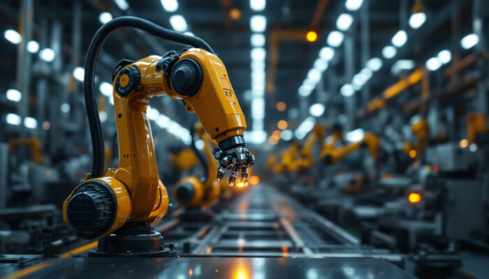 A photograph of a sleek industrial robotic arm in action