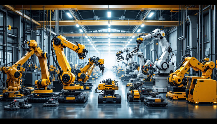 A photograph of a diverse range of industrial robots in action within a manufacturing setting