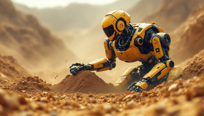 A photograph of a mining robot in action within an industrial setting