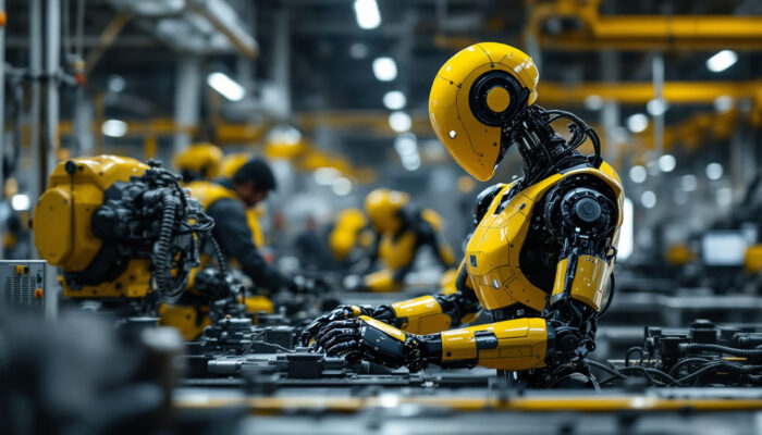 A photograph of a sleek industrial robot in action within a manufacturing facility