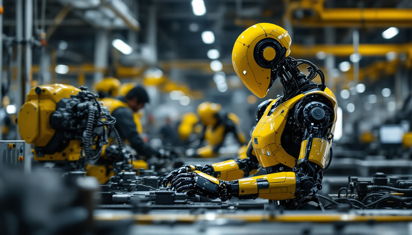A photograph of a sleek industrial robot in action within a manufacturing facility