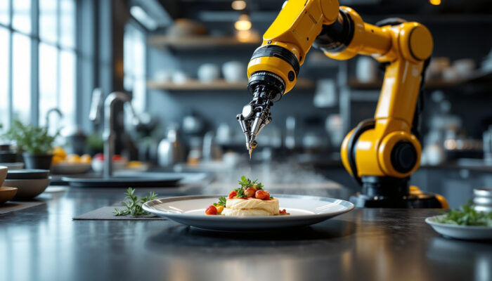 A photograph of a sleek industrial kitchen setting featuring a robotic arm skillfully preparing a gourmet dish
