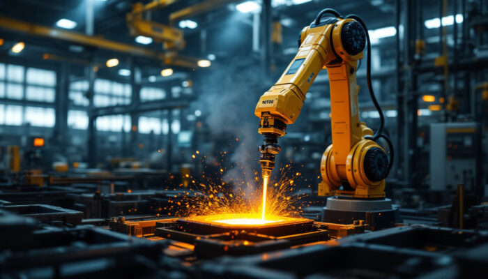 A photograph of a robotic arm skillfully performing the casting process in an industrial setting