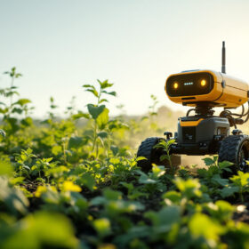 A photograph of an autonomous weeding robot in action within a lush agricultural field