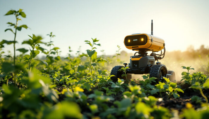 A photograph of an autonomous weeding robot in action within a lush agricultural field