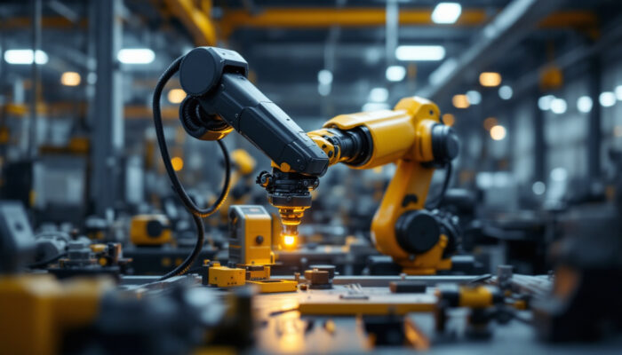 A photograph of a sleek industrial robotic arm in action
