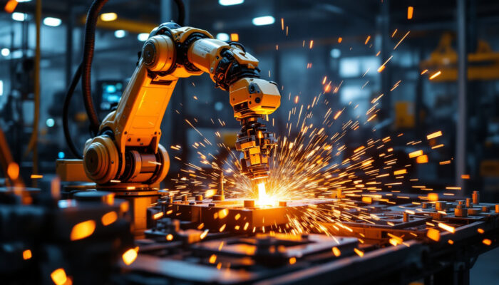 A photograph of a high-tech industrial robotic arm in action