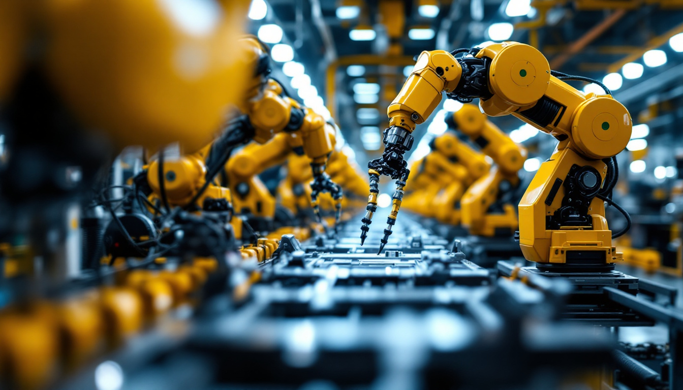 A photograph of a modern automotive assembly line featuring industrial robots in action