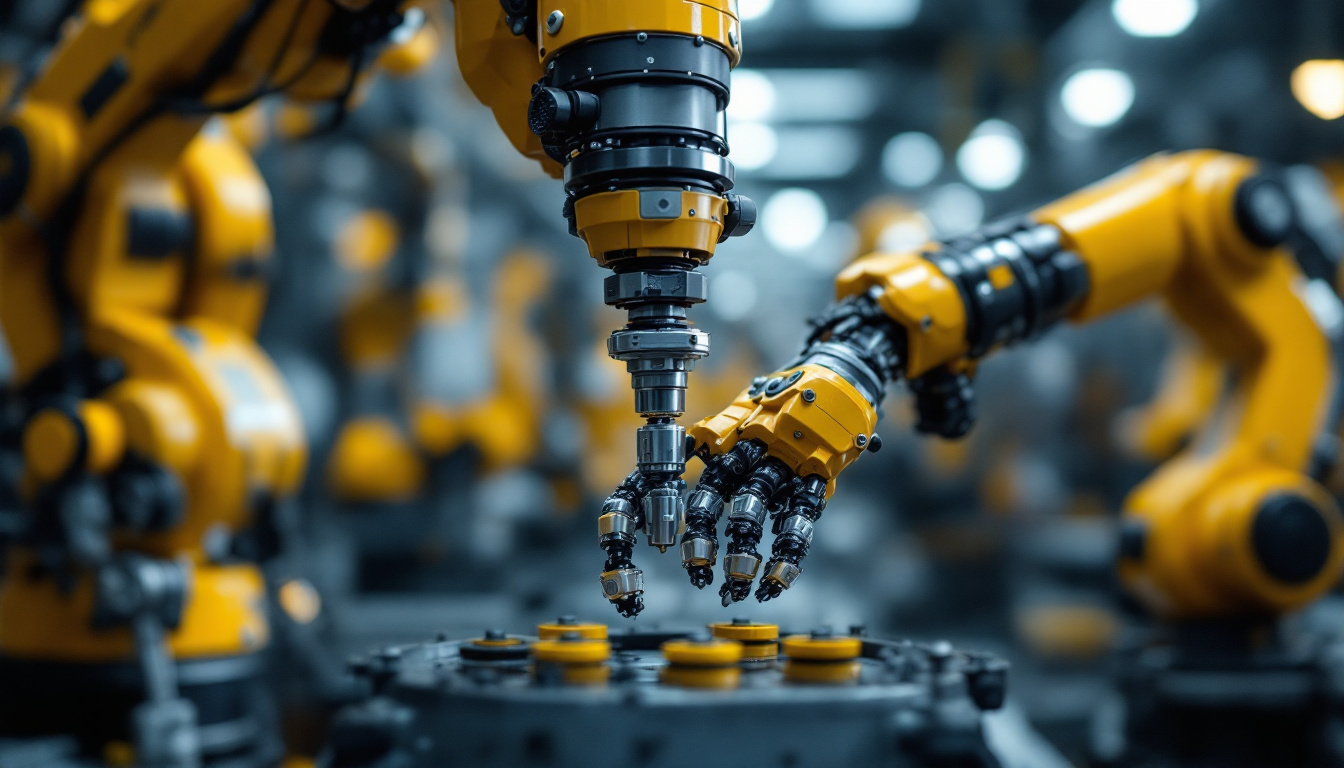 A photograph of a close-up view of various industrial robot end effectors in action