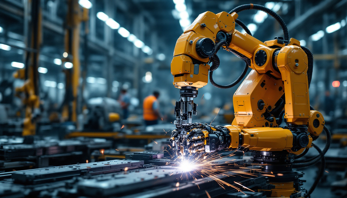 A photograph of a high-tech industrial robot in action on a manufacturing floor