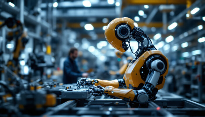 A photograph of a modern industrial robot in action within a manufacturing environment