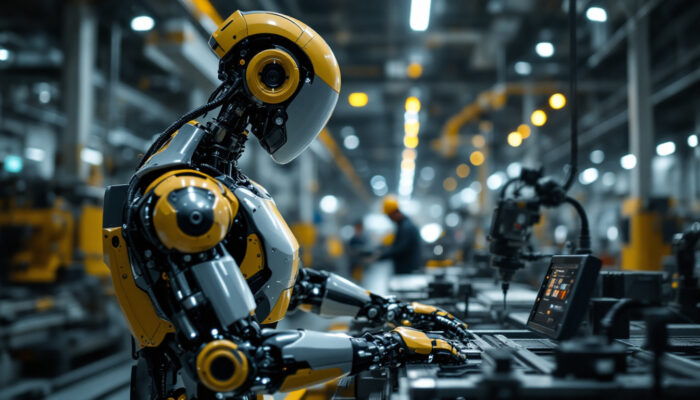 A photograph of a sleek industrial robot in action within a manufacturing environment