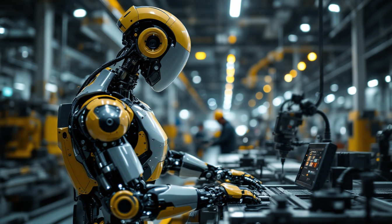 A photograph of a sleek industrial robot in action within a manufacturing environment