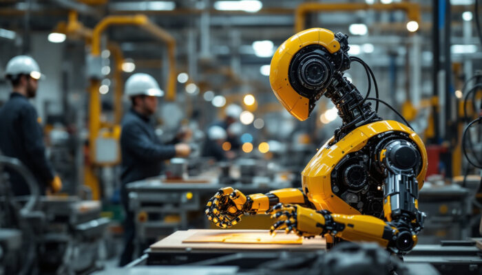 A photograph of capture a photograph of an industrial robot in action on a factory floor