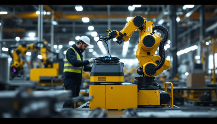 A photograph of a mobile industrial robot in action within a modern factory setting