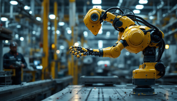 A photograph of a dynamic industrial robot in action within a manufacturing environment