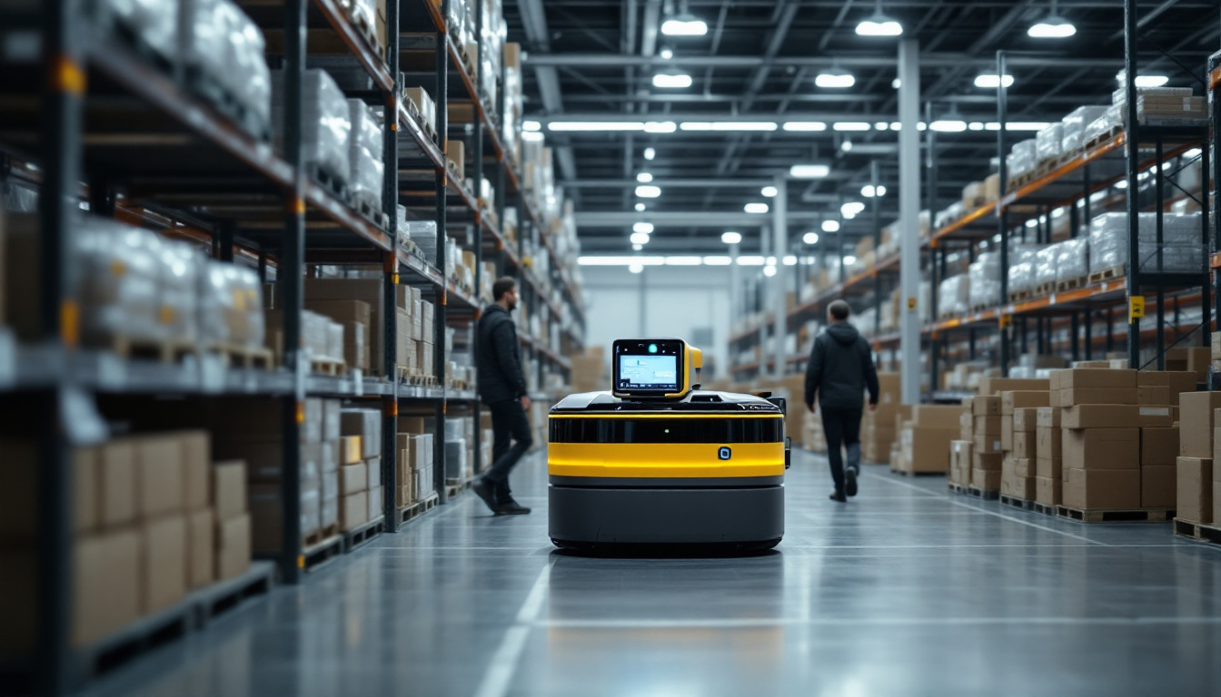 A photograph of a warehouse environment showcasing an advanced picking robot in action