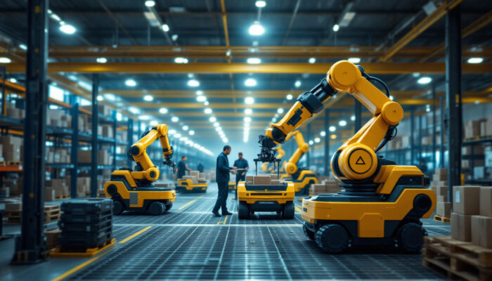 A photograph of capture a photograph of an industrial warehouse setting featuring advanced robotic systems in action