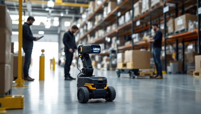 A photograph of a locus robotics autonomous mobile robot in action within a warehouse environment