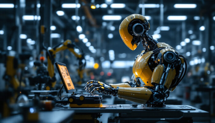 A photograph of a sleek industrial robot in action on a factory floor