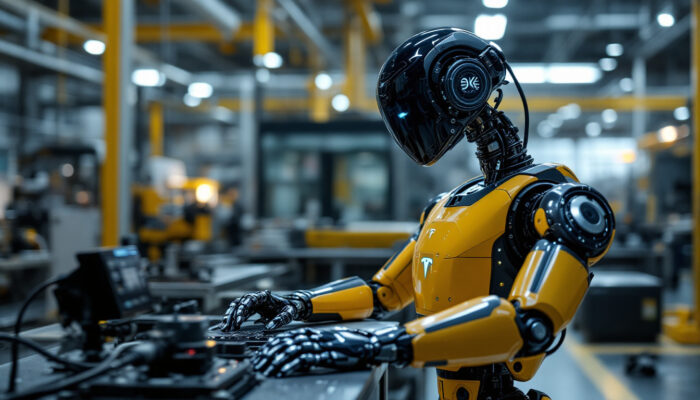 A photograph of a sleek tesla robot in an industrial setting