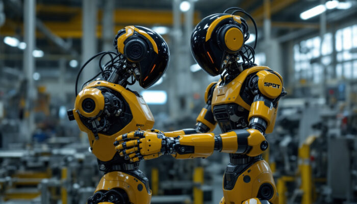 A photograph of a spot boston dynamics robot in action within an industrial setting