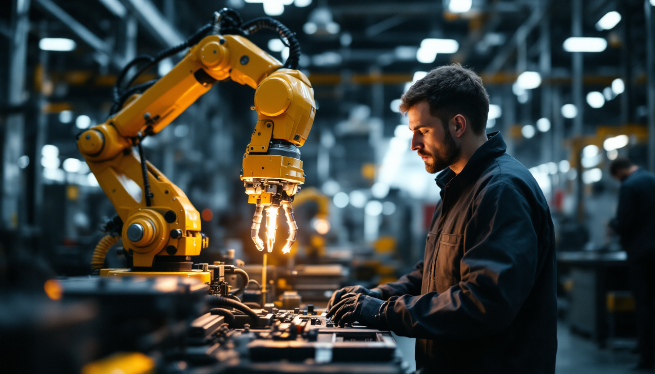 A photograph of a skilled technician programming or operating an industrial robot in a modern manufacturing environment