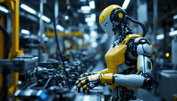 A photograph of a sleek industrial robot in action within a manufacturing environment