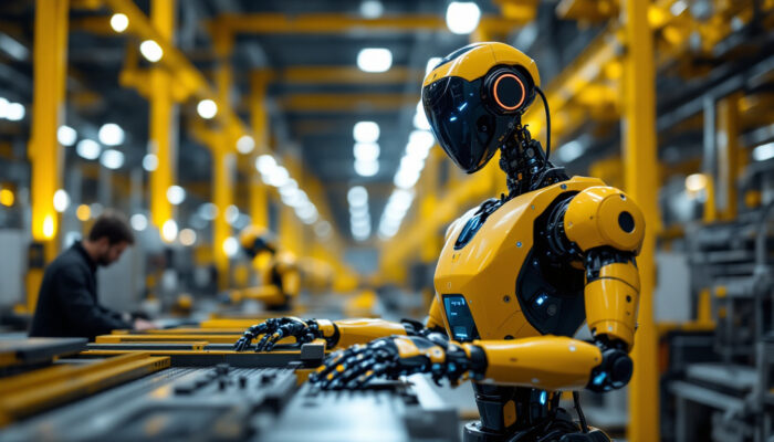 A photograph of a tesla robot in a dynamic industrial setting
