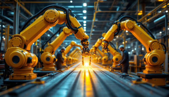 A photograph of a dynamic industrial setting showcasing advanced robotic arms in action
