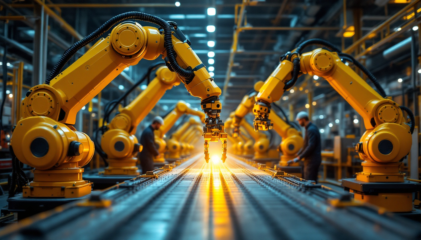A photograph of a dynamic industrial setting showcasing advanced robotic arms in action